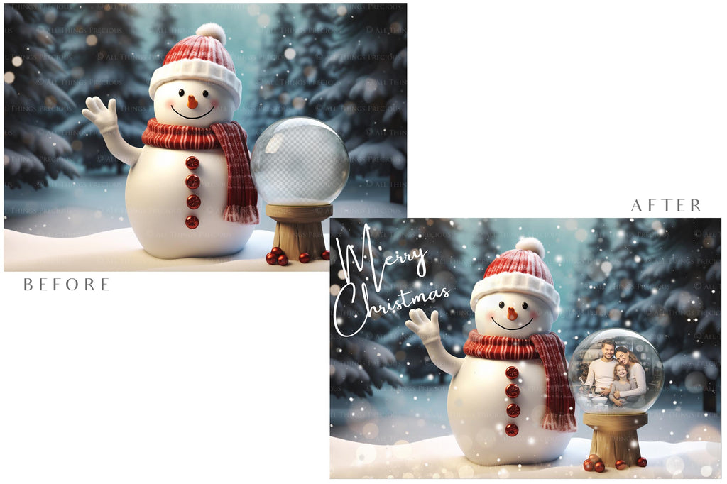 Digital Snow Globe Background, with Png snow overlays & PSD Template. The globe is transparent, perfect for adding your own images and retain the glass  effect.The file is 6000 x 4000, 300dpi. Png Included. Use for Christmas edits, Photography, Card Crafts, Scrapbooking. Xmas Backdrops. Snowman holding a glass ball.