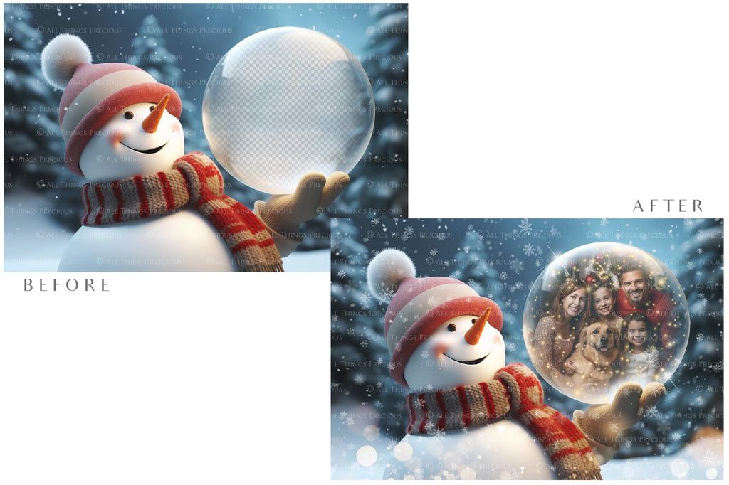 Digital Snow Globe Background, with Png snow overlays & PSD Template. The globe is transparent, perfect for adding your own images and retain the glass effect.The file is 6000 x 4000, 300dpi. Png Included. Use for Christmas edits, Photography, Card Crafts, Scrapbooking. Xmas Backdrops. Snowman holding a glass ball.