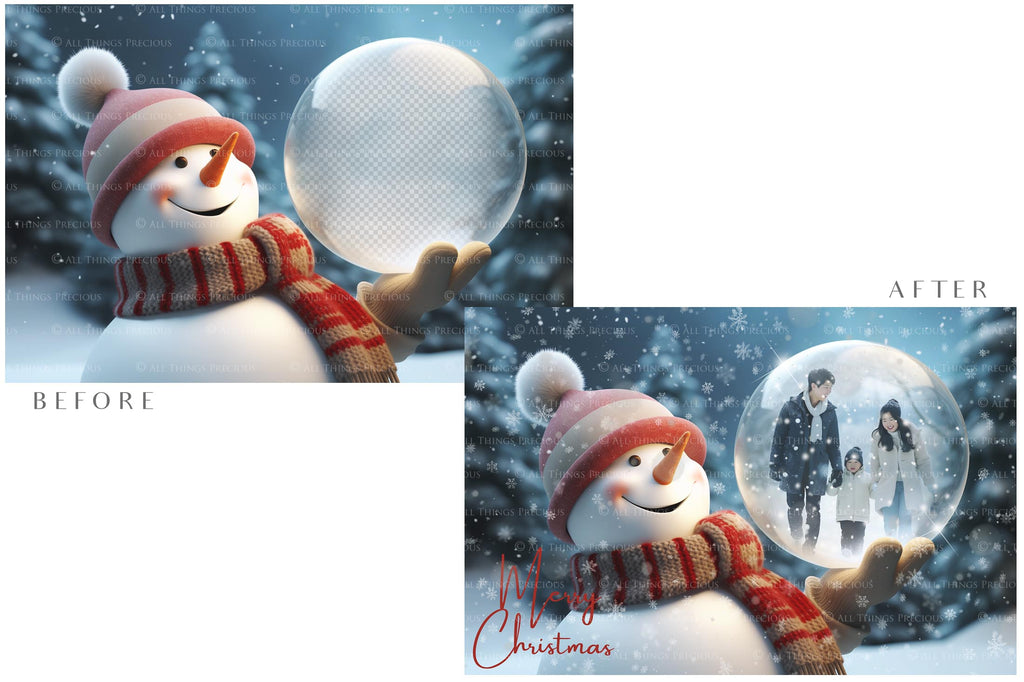 Digital Snow Globe Background, with Png snow overlays & PSD Template. The globe is transparent, perfect for adding your own images and retain the glass effect.The file is 6000 x 4000, 300dpi. Png Included. Use for Christmas edits, Photography, Card Crafts, Scrapbooking. Xmas Backdrops. Snowman holding a glass ball.