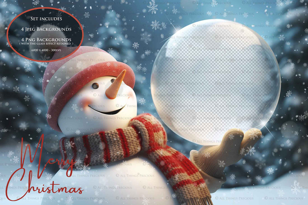 Digital Snow Globe Background, with Png snow overlays & PSD Template. The globe is transparent, perfect for adding your own images and retain the glass effect.The file is 6000 x 4000, 300dpi. Png Included. Use for Christmas edits, Photography, Card Crafts, Scrapbooking. Xmas Backdrops. Snowman holding a glass ball.