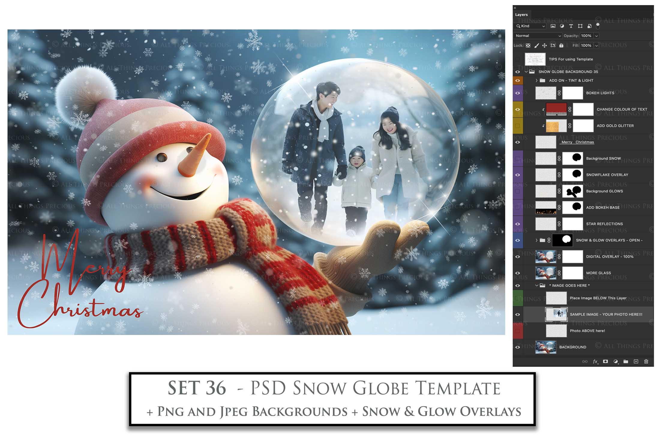 Digital Snow Globe Background, with Png snow overlays & PSD Template. The globe is transparent, perfect for adding your own images and retain the glass effect.The file is 6000 x 4000, 300dpi. Png Included. Use for Christmas edits, Photography, Card Crafts, Scrapbooking. Xmas Backdrops. Snowman holding a glass ball.