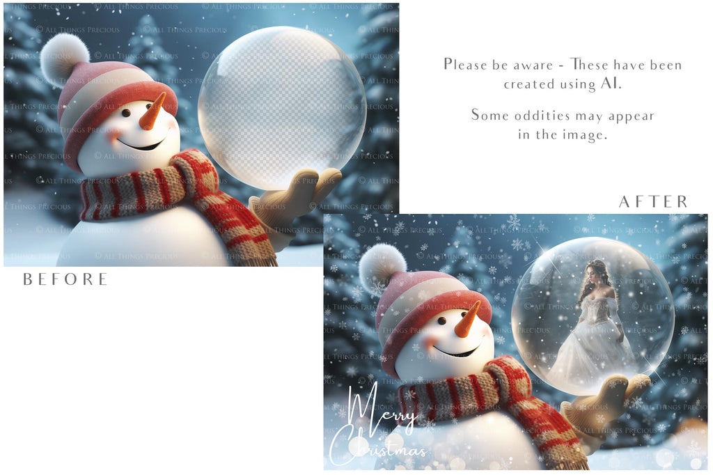 Digital Snow Globe Background, with Png snow overlays & PSD Template. The globe is transparent, perfect for adding your own images and retain the glass effect.The file is 6000 x 4000, 300dpi. Png Included. Use for Christmas edits, Photography, Card Crafts, Scrapbooking. Xmas Backdrops. Snowman holding a glass ball.