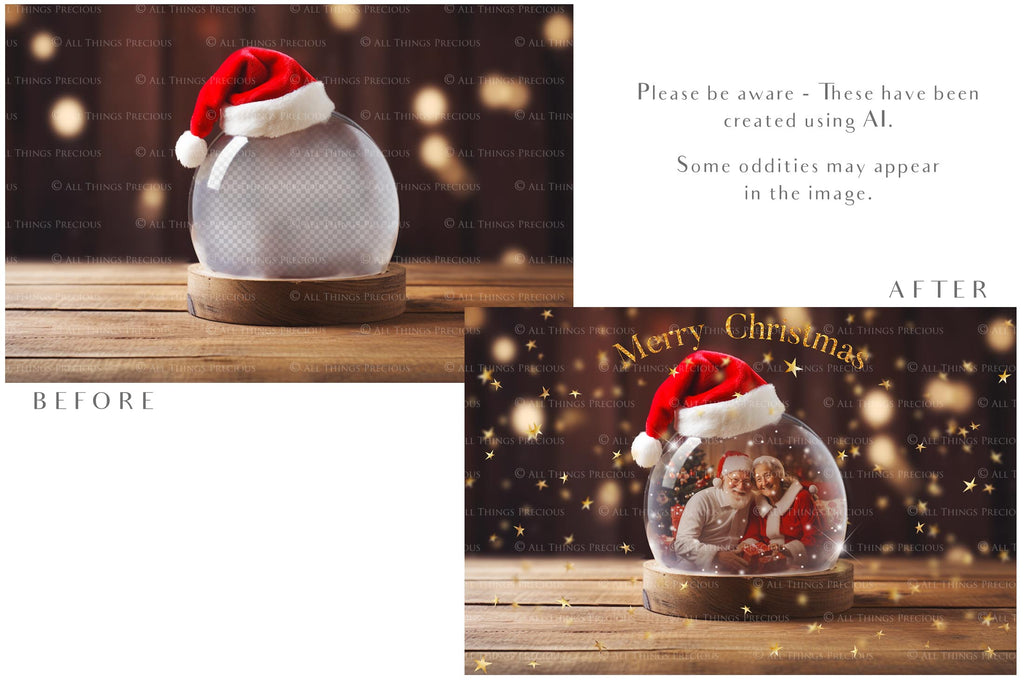 Digital Snow Globe Background, with Png snow overlays & PSD Template. The globe is transparent, perfect for adding your own images and retain the glass effect.The file is 6000 x 4000, 300dpi. Png Included. Use for Christmas edits, Photography, Card Crafts, Scrapbooking. Xmas Backdrops. Santa holding a glass ball.