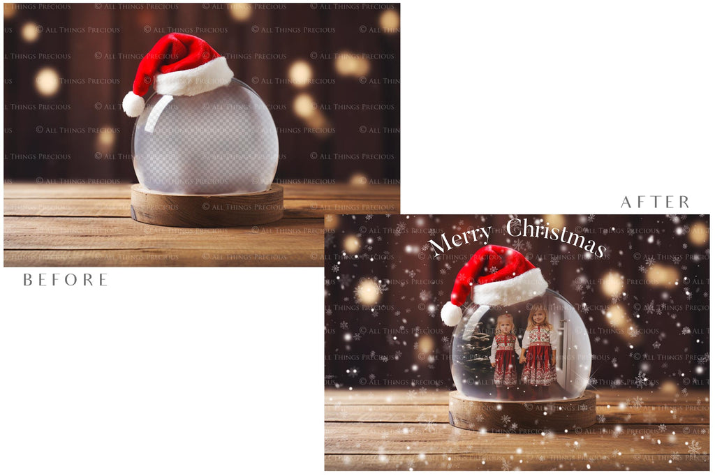 Digital Snow Globe Background, with Png snow overlays & PSD Template. The globe is transparent, perfect for adding your own images and retain the glass effect.The file is 6000 x 4000, 300dpi. Png Included. Use for Christmas edits, Photography, Card Crafts, Scrapbooking. Xmas Backdrops. Santa holding a glass ball.