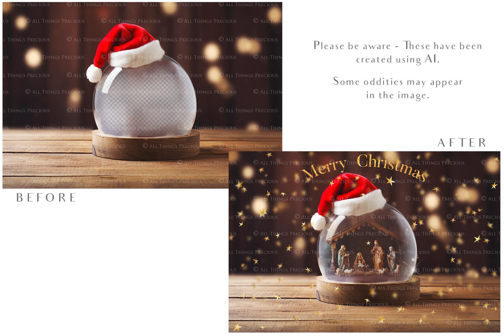 Digital Snow Globe Background, with Png snow overlays & PSD Template. The globe is transparent, perfect for adding your own images and retain the glass effect.The file is 6000 x 4000, 300dpi. Png Included. Use for Christmas edits, Photography, Card Crafts, Scrapbooking. Xmas Backdrops. Santa holding a glass ball.