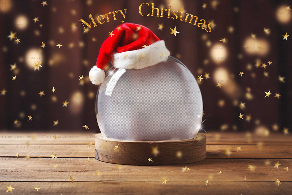 Digital Snow Globe Background, with Png snow overlays & PSD Template. The globe is transparent, perfect for adding your own images and retain the glass effect.The file is 6000 x 4000, 300dpi. Png Included. Use for Christmas edits, Photography, Card Crafts, Scrapbooking. Xmas Backdrops. Santa holding a glass ball.