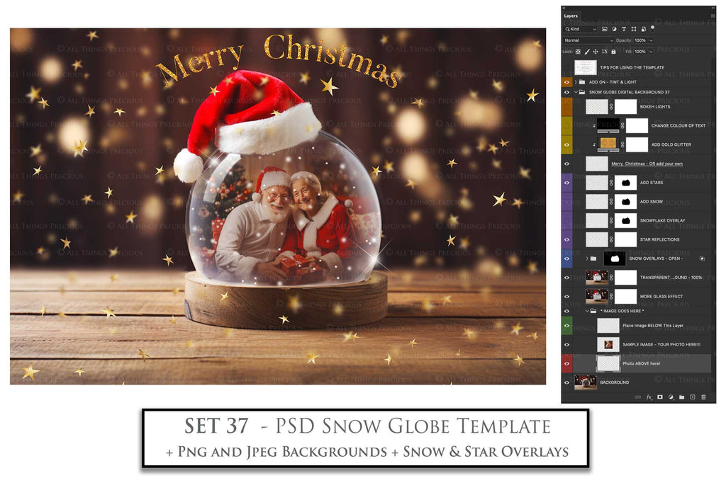 Digital Snow Globe Background, with Png snow overlays & PSD Template. The globe is transparent, perfect for adding your own images and retain the glass effect.The file is 6000 x 4000, 300dpi. Png Included. Use for Christmas edits, Photography, Card Crafts, Scrapbooking. Xmas Backdrops. Santa holding a glass ball.