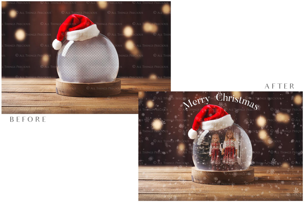 Digital Snow Globe Background, with Png snow overlays & PSD Template. The globe is transparent, perfect for adding your own images and retain the glass effect.The file is 6000 x 4000, 300dpi. Png Included. Use for Christmas edits, Photography, Card Crafts, Scrapbooking. Xmas Backdrops. Santa holding a glass ball.