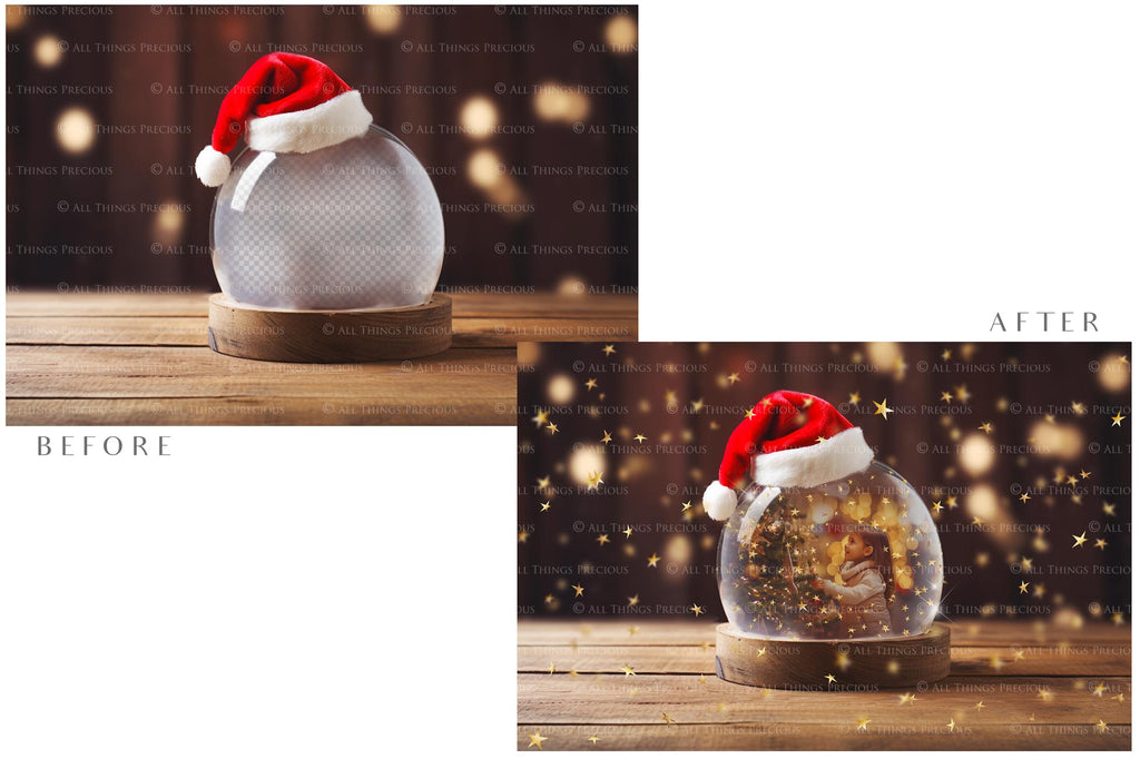 Digital Snow Globe Background, with Png snow overlays & PSD Template. The globe is transparent, perfect for adding your own images and retain the glass effect.The file is 6000 x 4000, 300dpi. Png Included. Use for Christmas edits, Photography, Card Crafts, Scrapbooking. Xmas Backdrops. Santa holding a glass ball.