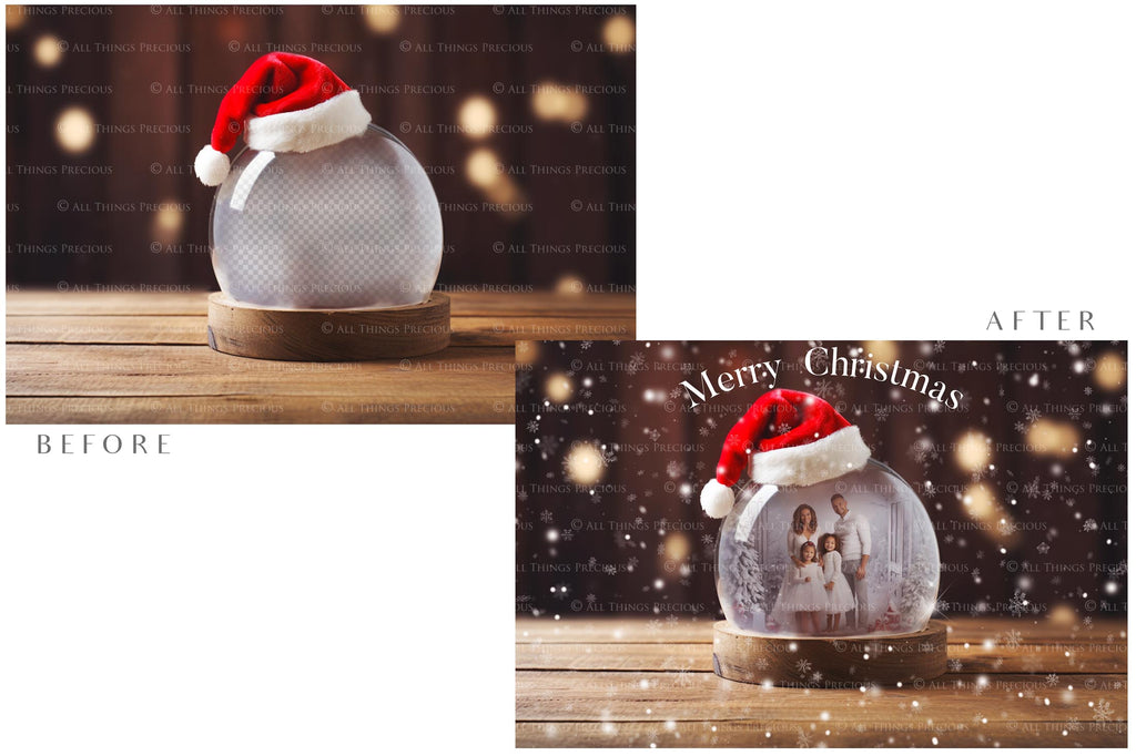 Digital Snow Globe Background, with Png snow overlays & PSD Template. The globe is transparent, perfect for adding your own images and retain the glass effect.The file is 6000 x 4000, 300dpi. Png Included. Use for Christmas edits, Photography, Card Crafts, Scrapbooking. Xmas Backdrops. Santa holding a glass ball.