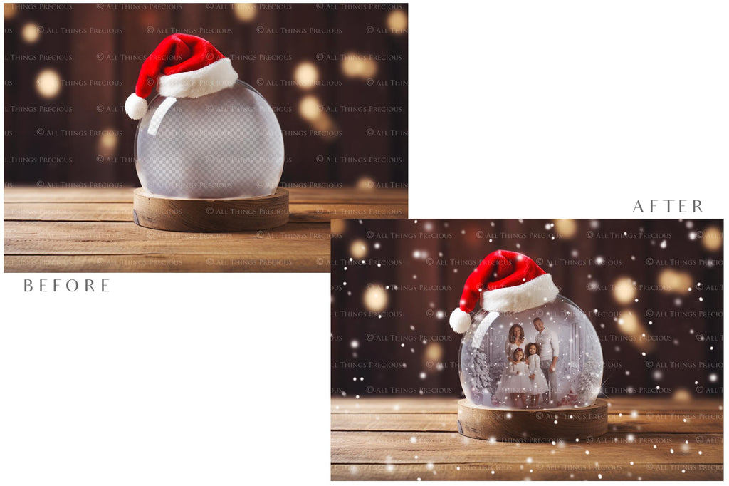 Digital Snow Globe Background, with Png snow overlays & PSD Template. The globe is transparent, perfect for adding your own images and retain the glass effect.The file is 6000 x 4000, 300dpi. Png Included. Use for Christmas edits, Photography, Card Crafts, Scrapbooking. Xmas Backdrops. Santa holding a glass ball.