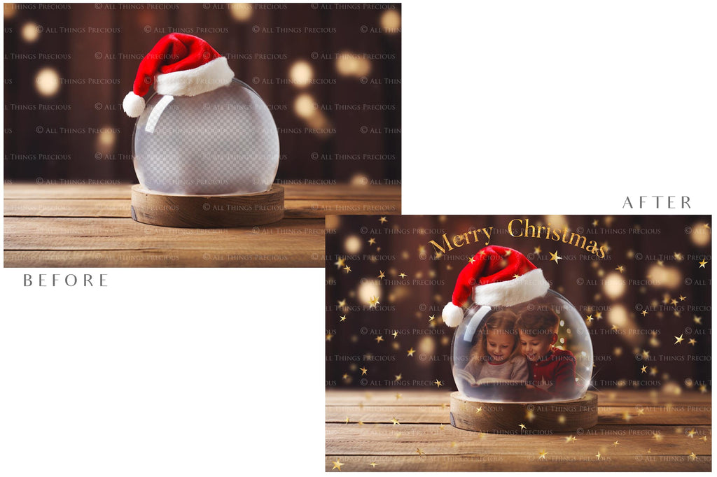 Digital Snow Globe Background, with Png snow overlays & PSD Template. The globe is transparent, perfect for adding your own images and retain the glass effect.The file is 6000 x 4000, 300dpi. Png Included. Use for Christmas edits, Photography, Card Crafts, Scrapbooking. Xmas Backdrops. Santa holding a glass ball.