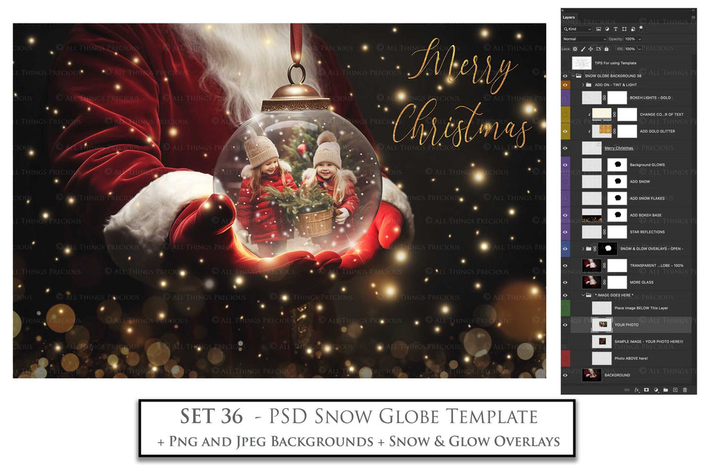 Digital background, Christmas Snow Globe Template for photoshop.  Includes jpeg background, png overlay background and snow overlays.  Video tutorial is also included in this PSD photoshop template. Perfect to add your own images. For Photography.