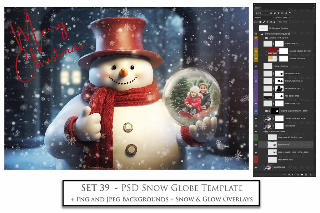 Digital Snow Globe Background, with Png snow overlays & PSD Template. The globe is transparent, perfect for adding your own images and retain the glass effect.The file is 6000 x 4000, 300dpi. Png Included. Use for Christmas edits, Photography, Card Crafts, Scrapbooking. Xmas Backdrops. Snowman holding a glass ball.