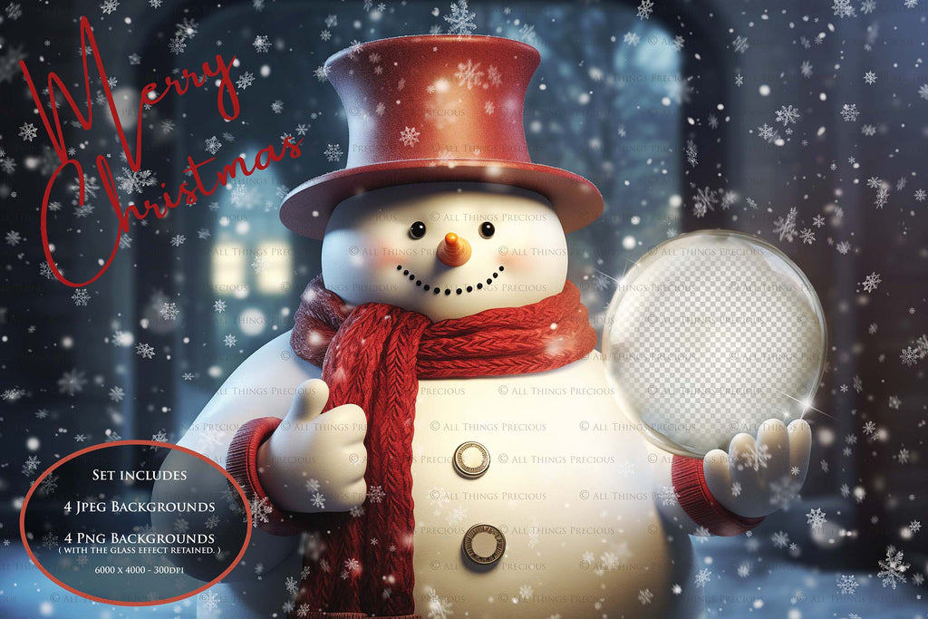 Digital Snow Globe Background, with Png snow overlays & PSD Template. The globe is transparent, perfect for adding your own images and retain the glass effect.The file is 6000 x 4000, 300dpi. Png Included. Use for Christmas edits, Photography, Card Crafts, Scrapbooking. Xmas Backdrops. Snowman holding a glass ball.