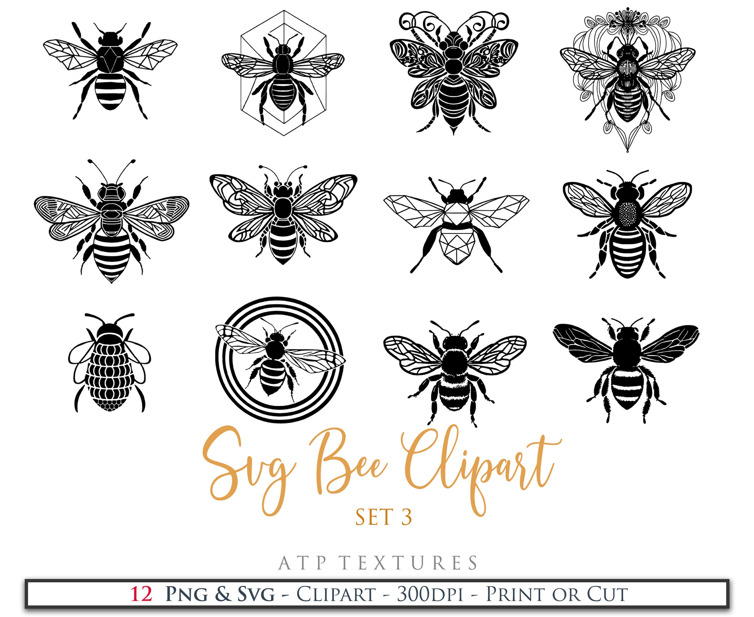 SVG Clipart for Cricut, Digital Art, Sublimation Print and Scrapbooking.Sweet Bees in High resolution.This is a digital product. This set includes 20 SVG & PNG Bee Clipart files. The PNG files are all in high resolution,300dpi.If you wish to use them for your fine art prints and photography edits without losing quality, you can! ATP Textures