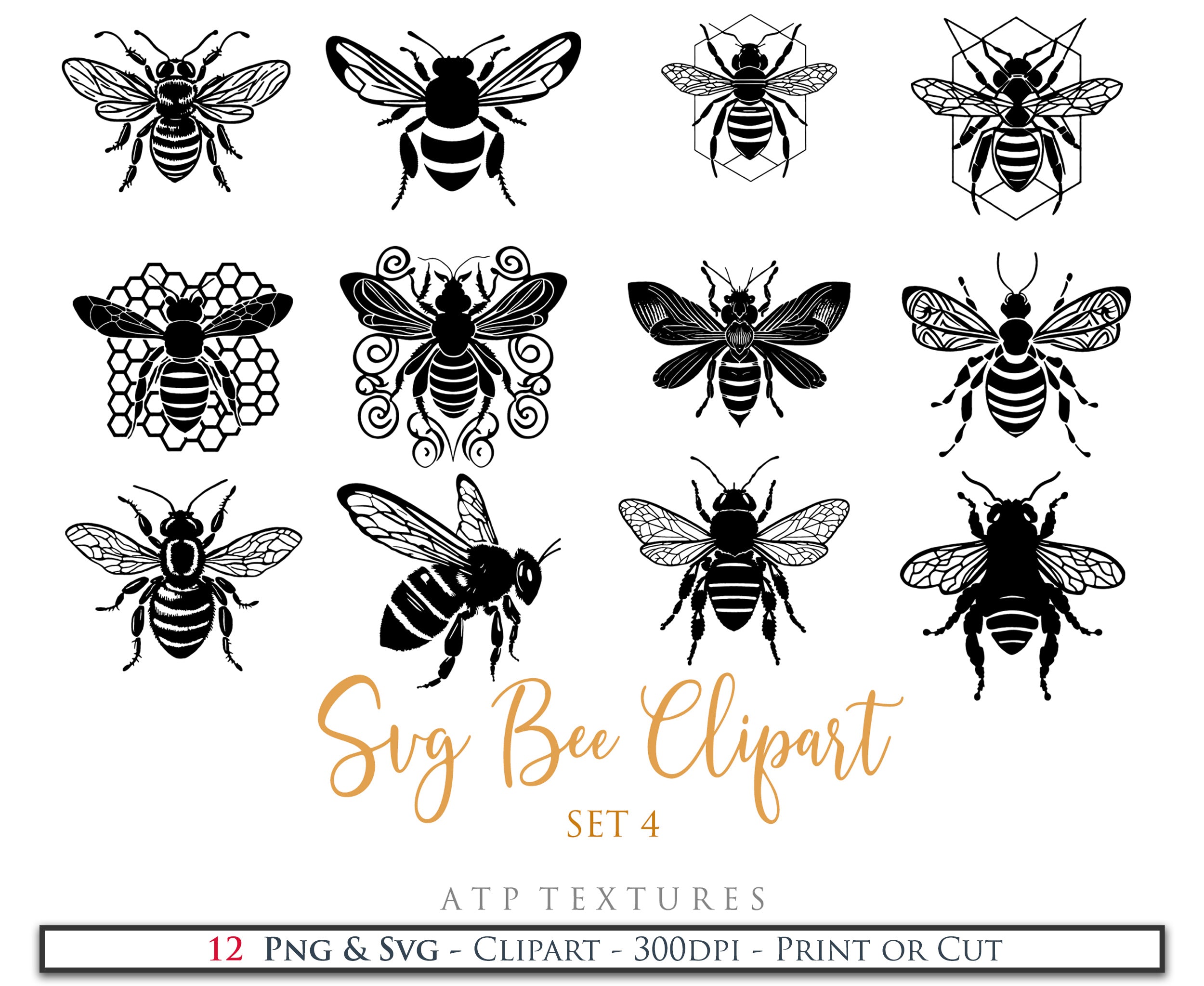 SVG Clipart for Cricut, Digital Art, Sublimation Print and Scrapbooking.Sweet Bees in High resolution.This is a digital product. This set includes 20 SVG & PNG Bee Clipart files. The PNG files are all in high resolution,300dpi.If you wish to use them for your fine art prints and photography edits without losing quality, you can! ATP Textures
