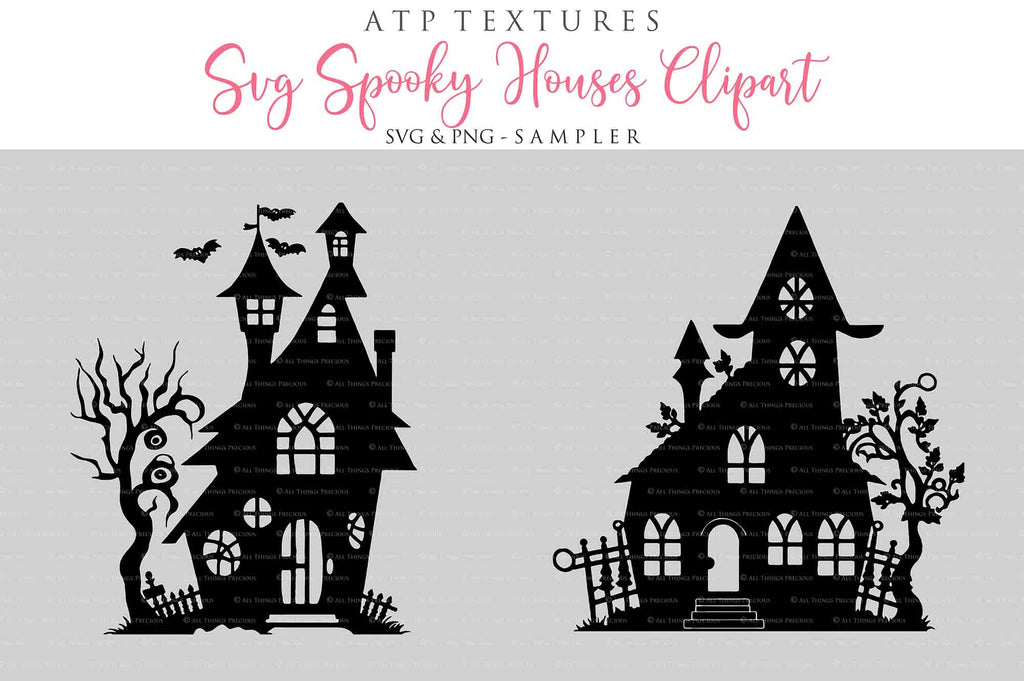 Spooky Halloween Houses Clipart. Svg, Png. High resolution. {Printable Sublimation file. Digital Download. Silhouette style. ATP Textures.