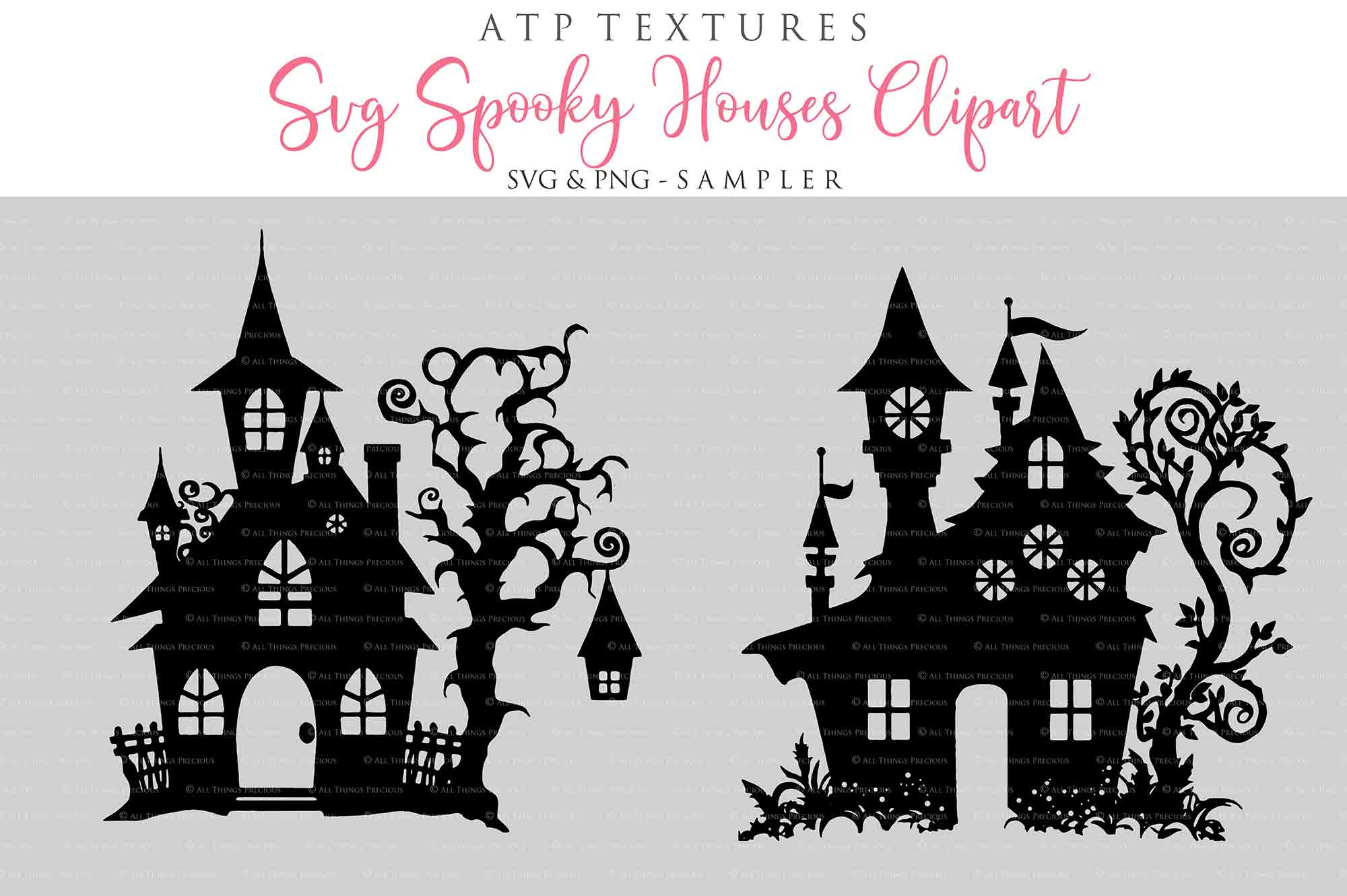 Spooky Halloween Houses Clipart. Svg, Png. High resolution. {Printable Sublimation file. Digital Download. Silhouette style. ATP Textures.