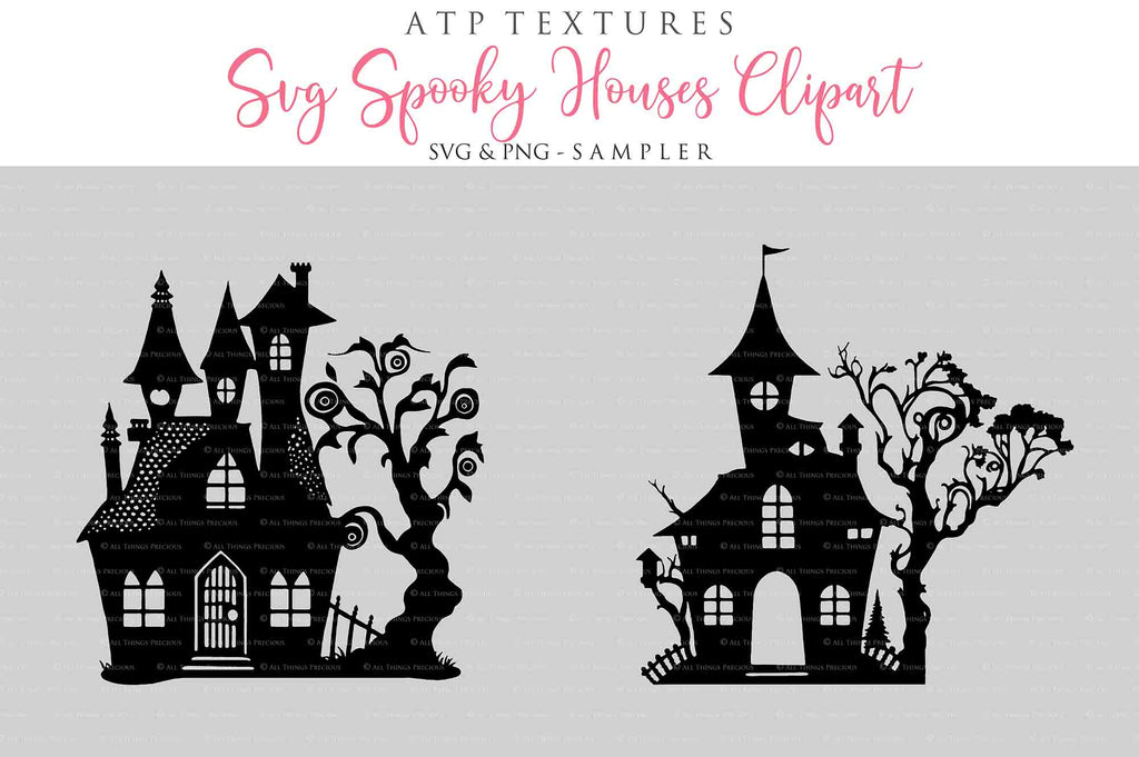 Spooky Halloween Houses Clipart. Svg, Png. High resolution. {Printable Sublimation file. Digital Download. Silhouette style. ATP Textures.