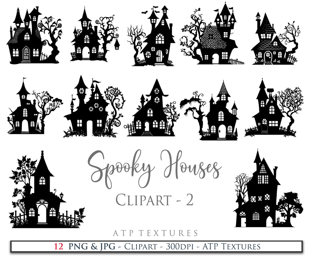 Spooky Halloween Houses Clipart. Svg, Png. High resolution. {Printable Sublimation file. Digital Download. Silhouette style. ATP Textures.