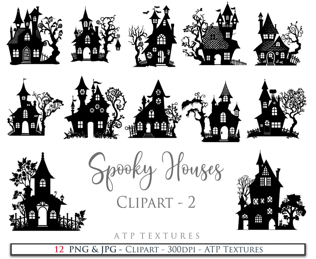 Spooky Halloween Houses Clipart. Svg, Png. High resolution. {Printable Sublimation file. Digital Download. Silhouette style. ATP Textures.