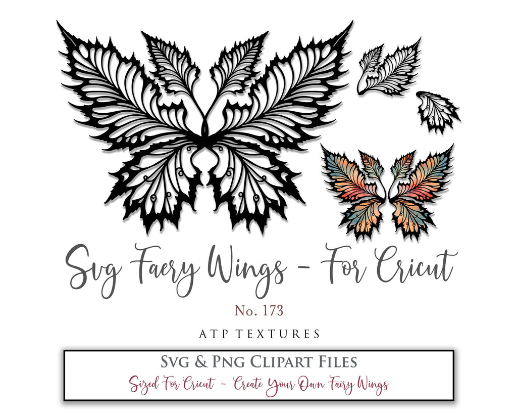 SVG and Png Fairy wings for cricut or cutting machines. Individual wing parts to cut and assemble. Adult size, kids, child, halloween event wings. For photographers and designers. By ATP Textures.