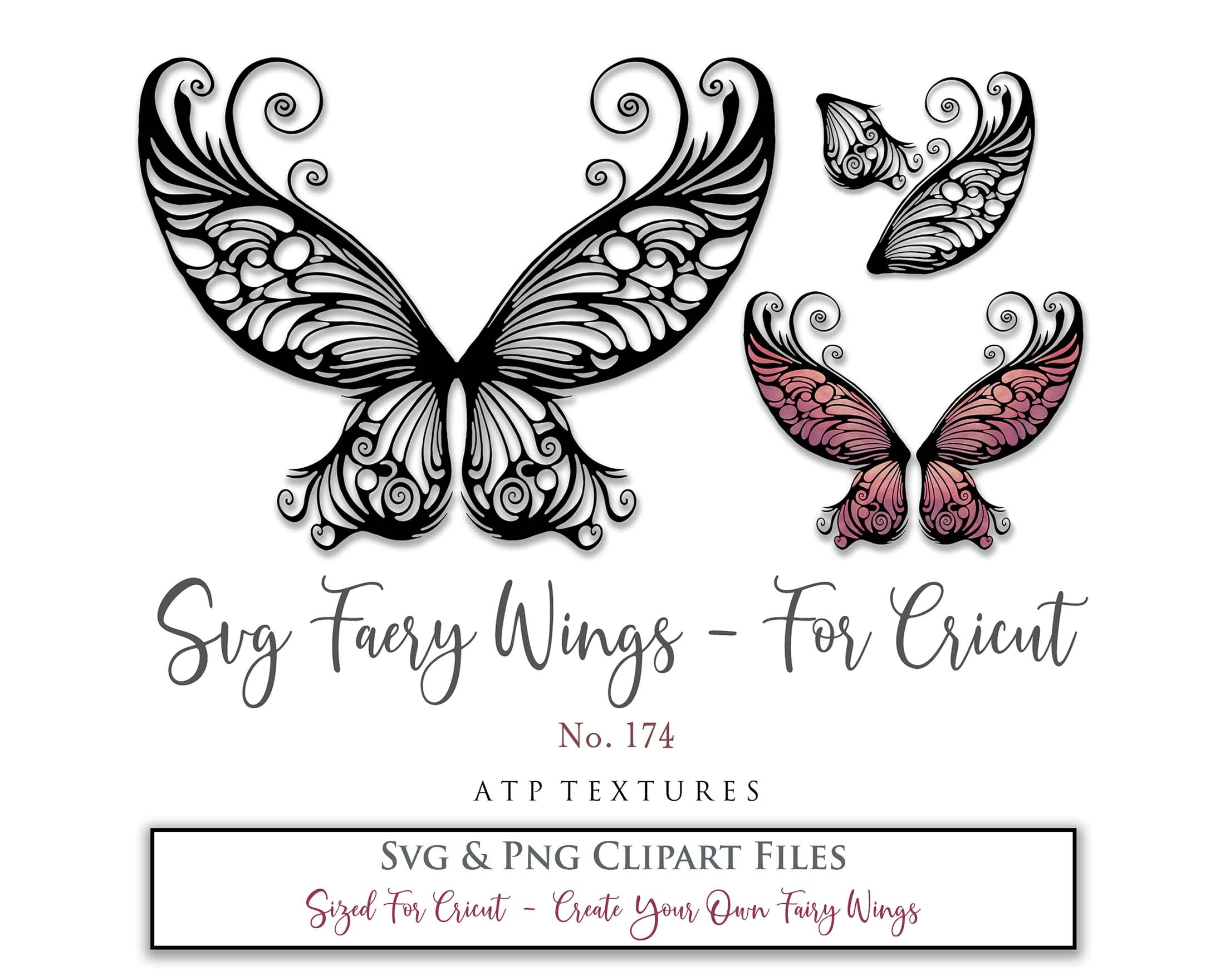 SVG and Png Fairy wings for cricut or cutting machines. Individual wing parts to cut and assemble. Adult size, kids, child, halloween event wings. For photographers and designers. By ATP Textures.