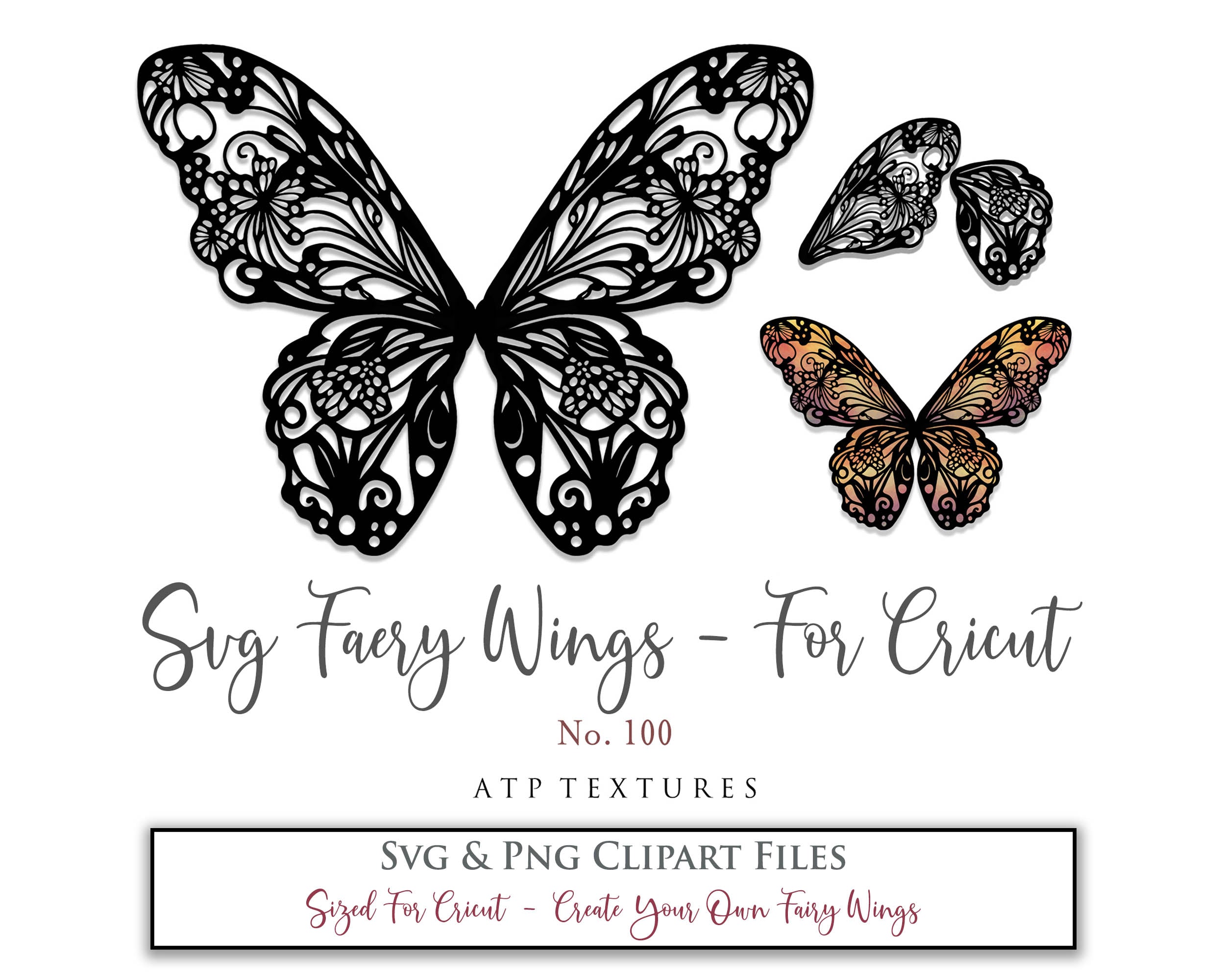 SVG & PNG Fairy/Angel Wing files for Cricut, Silhouette Cameo and other Cutting Machines. Create wearable fairy wings, all sizes. Perfect for Halloween Costumes, Fantasy, Cosplay, Photography. Prints, Wedding, Engagement, Baby Shower invitations, Sublimation Printing, Clip Art and more. Cut and assemble. ATP Textures.