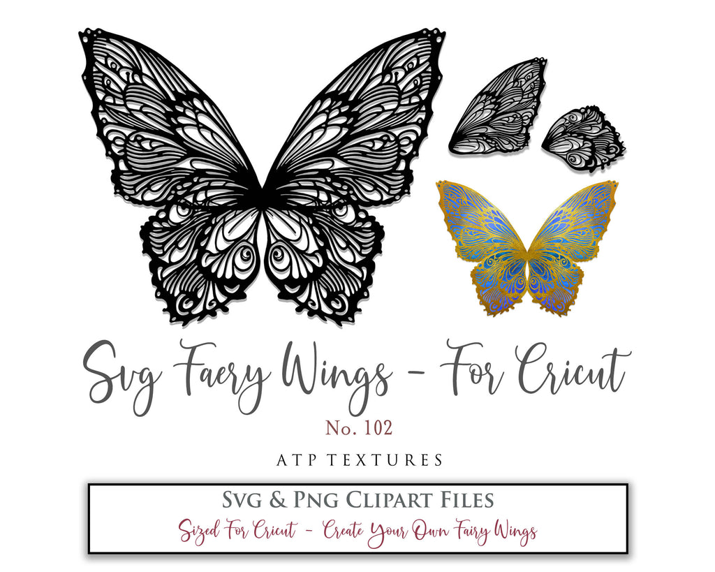 SVG & PNG Fairy/Angel Wing files for Cricut, Silhouette Cameo and other Cutting Machines. Create wearable fairy wings, all sizes. Perfect for Halloween Costumes, Fantasy, Cosplay, Photography. Prints, Wedding, Engagement, Baby Shower invitations, Sublimation Printing, Clip Art and more. Cut and assemble. ATP Textures.