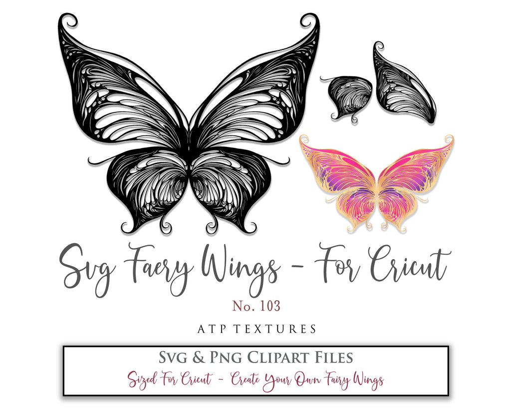 SVG & PNG Fairy/Angel Wing files for Cricut, Silhouette Cameo and other Cutting Machines. Create wearable fairy wings, all sizes. Perfect for Halloween Costumes, Fantasy, Cosplay, Photography. Prints, Wedding, Engagement, Baby Shower invitations, Sublimation Printing, Clip Art and more. Cut and assemble. ATP Textures.