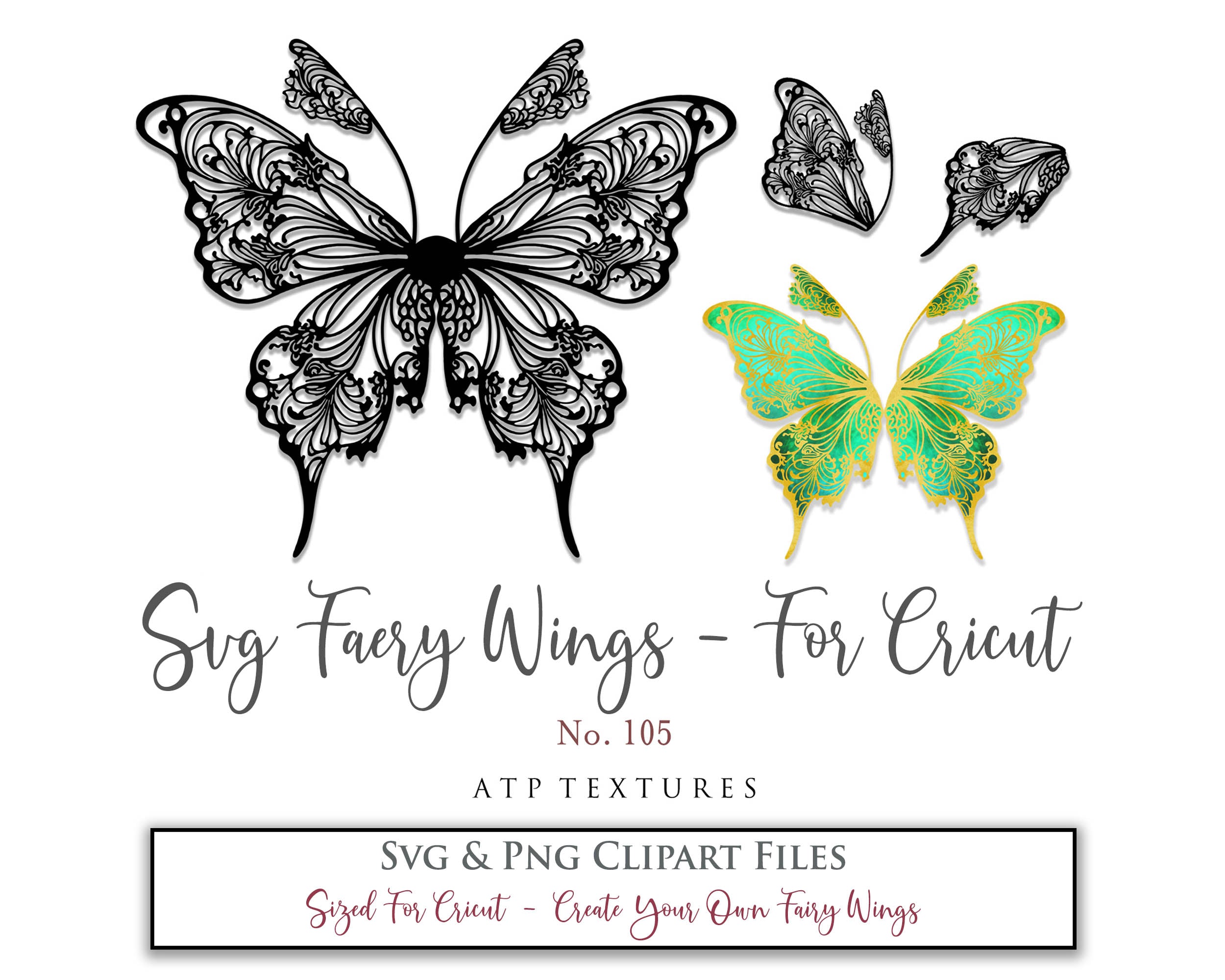 SVG & PNG Fairy/Angel Wing files for Cricut, Silhouette Cameo and other Cutting Machines. Create wearable fairy wings, all sizes. Perfect for Halloween Costumes, Fantasy, Cosplay, Photography. Prints, Wedding, Engagement, Baby Shower invitations, Sublimation Printing, Clip Art and more. Cut and assemble. ATP Textures.
