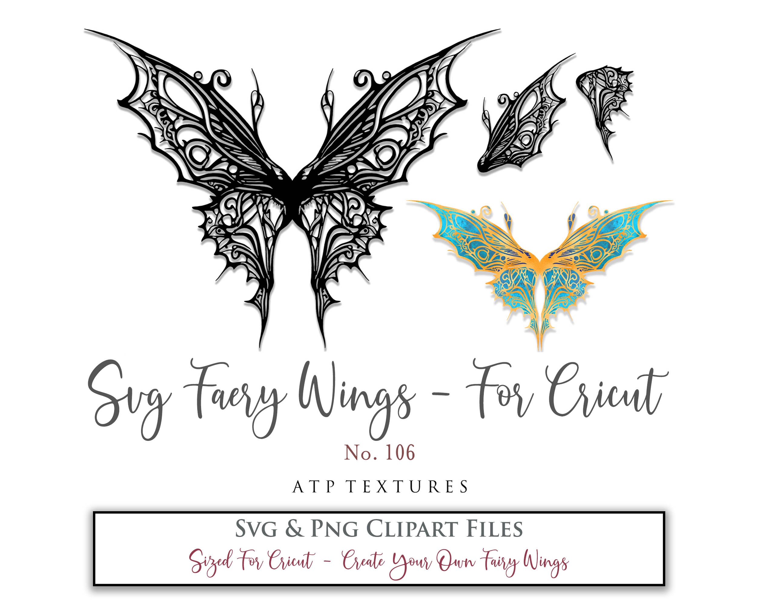 SVG & PNG Fairy/Angel Wing files for Cricut, Silhouette Cameo and other Cutting Machines. Create wearable fairy wings, all sizes. Perfect for Halloween Costumes, Fantasy, Cosplay, Photography. Prints, Wedding, Engagement, Baby Shower invitations, Sublimation Printing, Clip Art and more. Cut and assemble. ATP Textures.