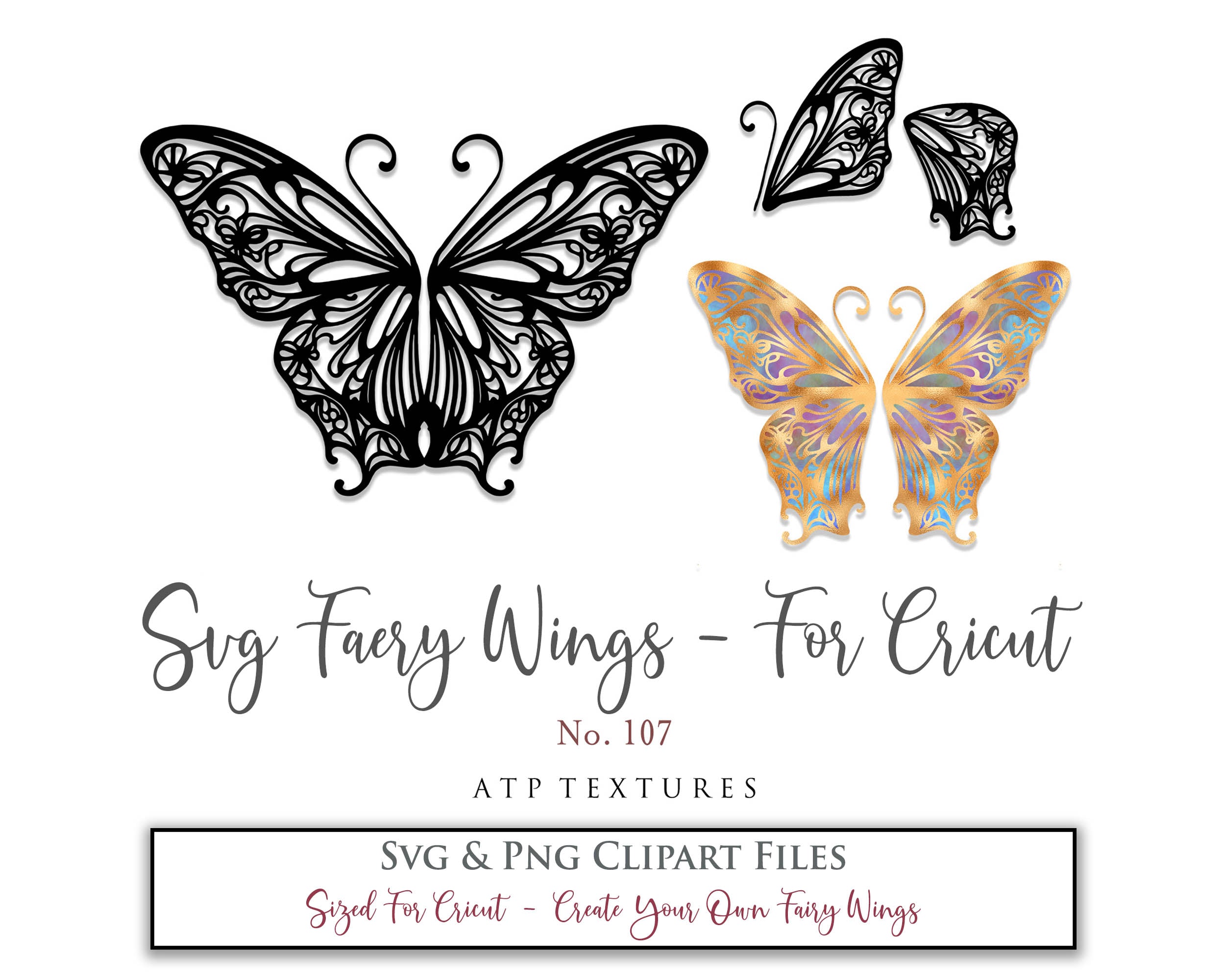 SVG & PNG Fairy/Angel Wing files for Cricut, Silhouette Cameo and other Cutting Machines. Create wearable fairy wings, all sizes. Perfect for Halloween Costumes, Fantasy, Cosplay, Photography. Prints, Wedding, Engagement, Baby Shower invitations, Sublimation Printing, Clip Art and more. Cut and assemble. ATP Textures.