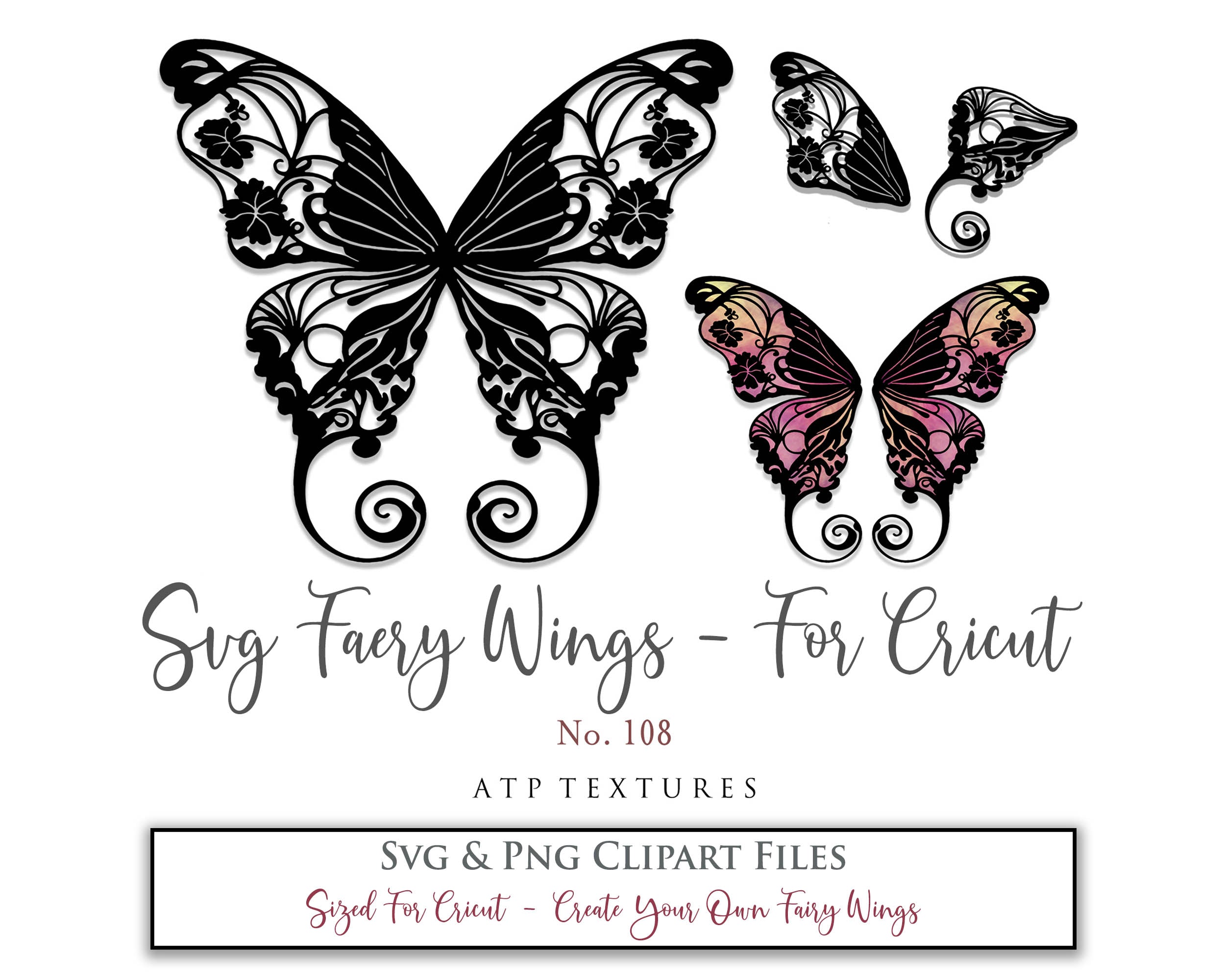 SVG & PNG Fairy/Angel Wing files for Cricut, Silhouette Cameo and other Cutting Machines. Create wearable fairy wings, all sizes. Perfect for Halloween Costumes, Fantasy, Cosplay, Photography. Prints, Wedding, Engagement, Baby Shower invitations, Sublimation Printing, Clip Art and more. Cut and assemble. ATP Textures.