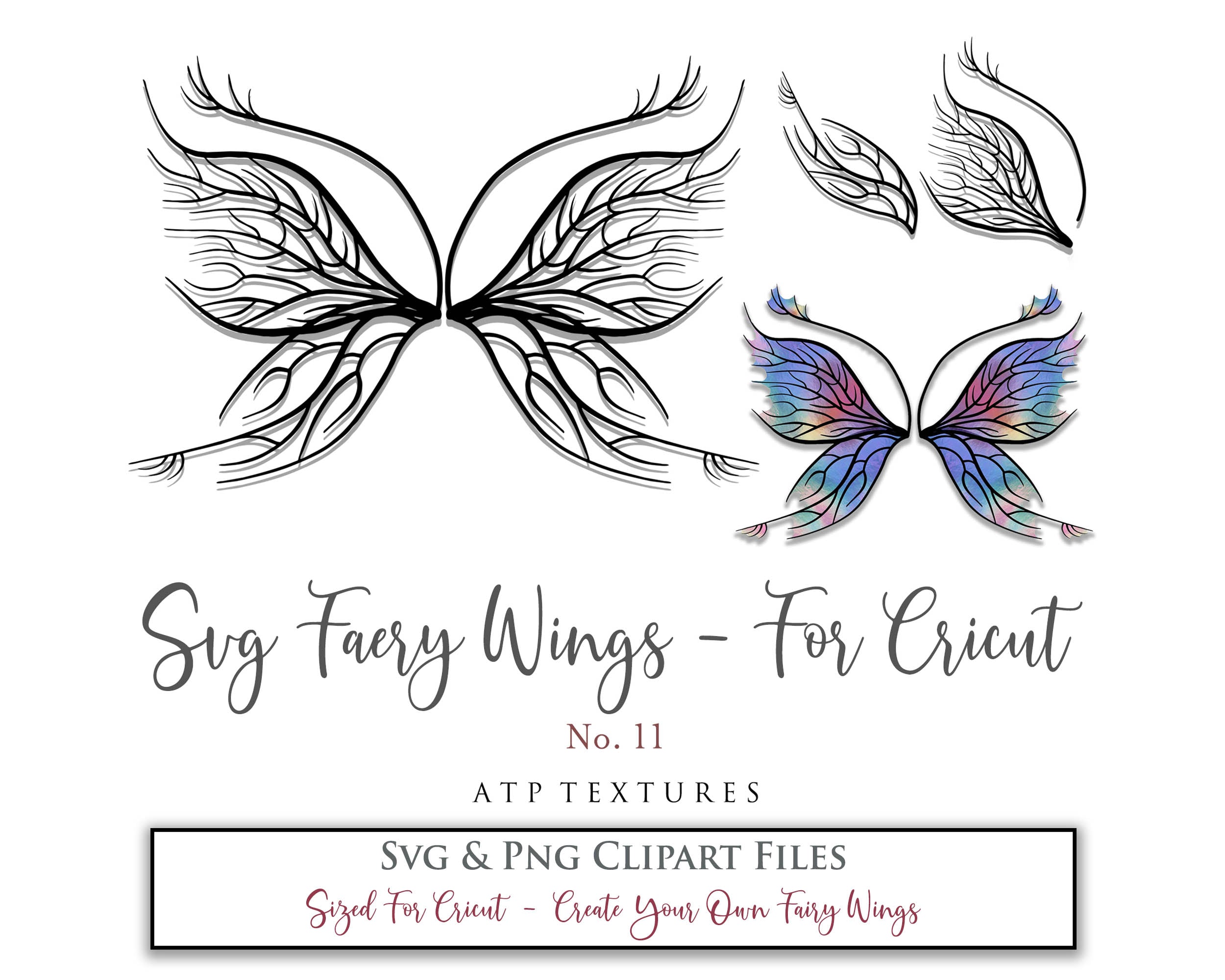 SVG & PNG Fairy/Angel Wing files for Cricut, Silhouette Cameo and other Cutting Machines. Create wearable fairy wings, all sizes. Perfect for Halloween Costumes, Fantasy, Cosplay, Photography. Prints, Wedding, Engagement, Baby Shower invitations, Sublimation Printing, Clip Art and more. Cut and assemble. ATP Textures.