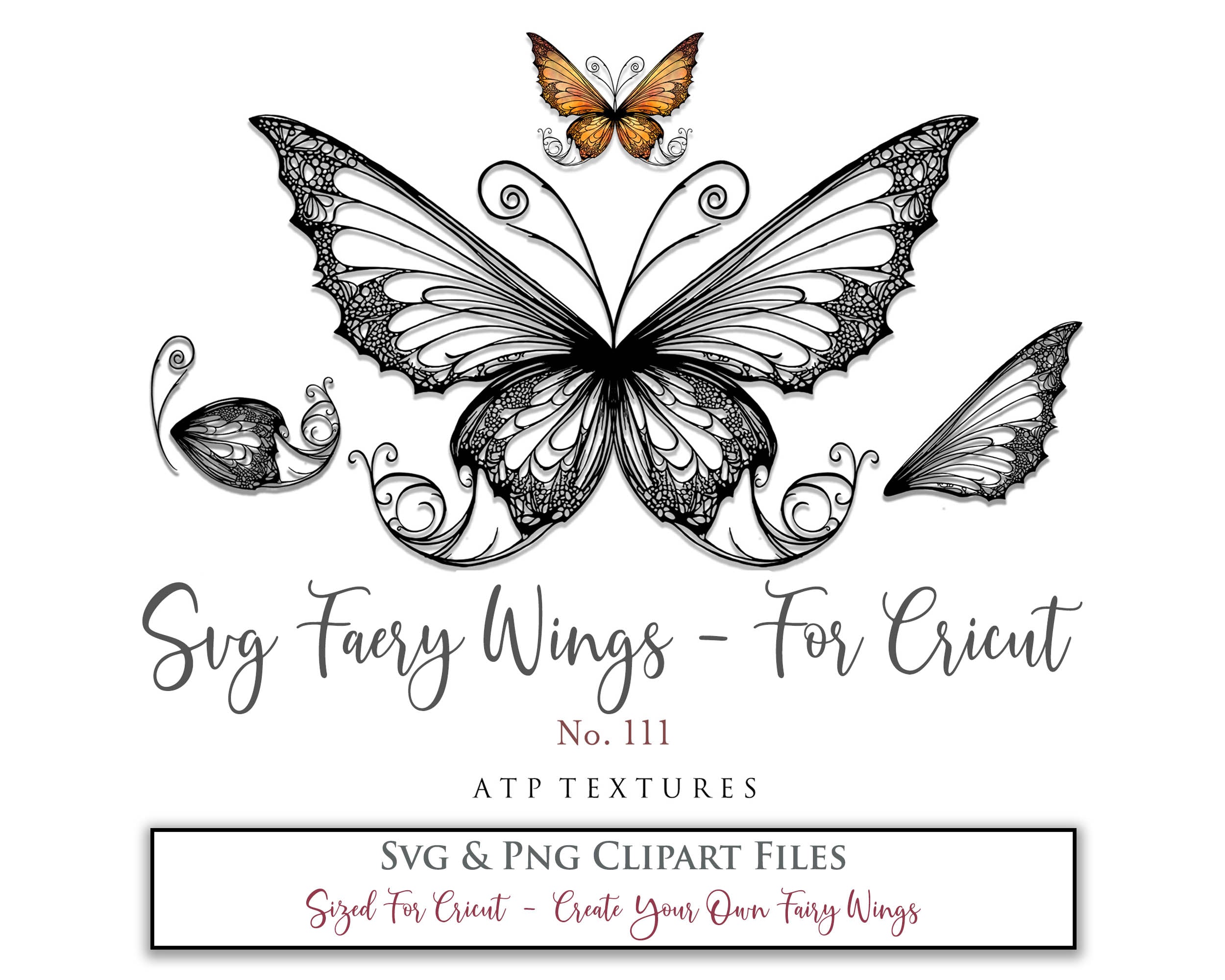 SVG & PNG Fairy/Angel Wing files for Cricut, Silhouette Cameo and other Cutting Machines. Create wearable fairy wings, all sizes. Perfect for Halloween Costumes, Fantasy, Cosplay, Photography. Prints, Wedding, Engagement, Baby Shower invitations, Sublimation Printing, Clip Art and more. Cut and assemble. ATP Textures.