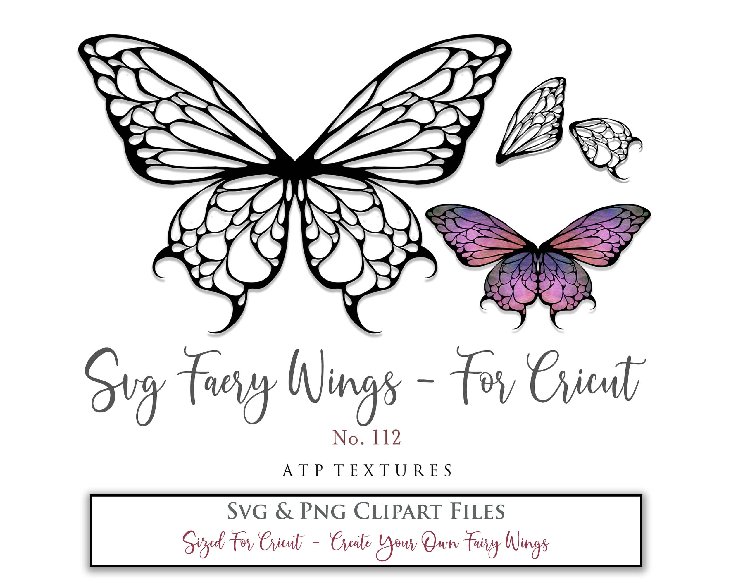 SVG & PNG Fairy/Angel Wing files for Cricut, Silhouette Cameo and other Cutting Machines. Create wearable fairy wings, all sizes. Perfect for Halloween Costumes, Fantasy, Cosplay, Photography. Prints, Wedding, Engagement, Baby Shower invitations, Sublimation Printing, Clip Art and more. Cut and assemble. ATP Textures.