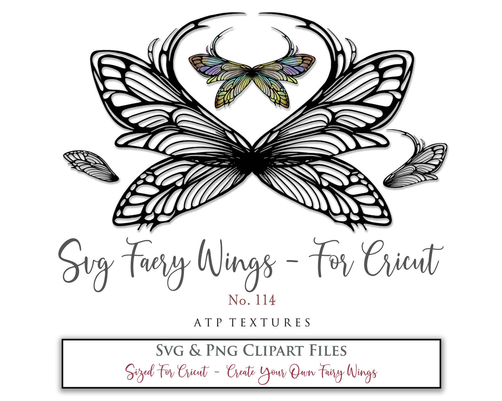 SVG & PNG Fairy/Angel Wing files for Cricut, Silhouette Cameo and other Cutting Machines. Create wearable fairy wings, all sizes. Perfect for Halloween Costumes, Fantasy, Cosplay, Photography. Prints, Wedding, Engagement, Baby Shower invitations, Sublimation Printing, Clip Art and more. Cut and assemble. ATP Textures.