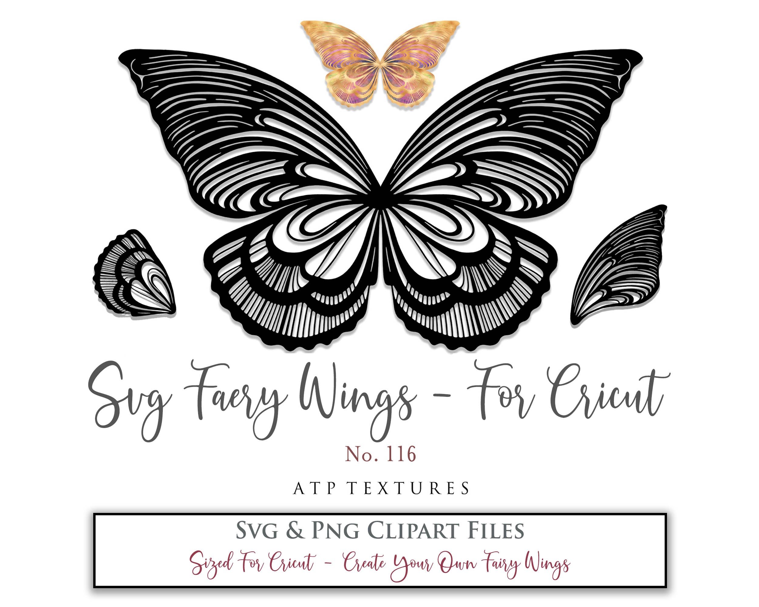 SVG & PNG Fairy/Angel Wing files for Cricut, Silhouette Cameo and other Cutting Machines. Create wearable fairy wings, all sizes. Perfect for Halloween Costumes, Fantasy, Cosplay, Photography. Prints, Wedding, Engagement, Baby Shower invitations, Sublimation Printing, Clip Art and more. Cut and assemble. ATP Textures.