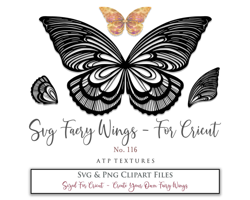 SVG & PNG Fairy/Angel Wing files for Cricut, Silhouette Cameo and other Cutting Machines. Create wearable fairy wings, all sizes. Perfect for Halloween Costumes, Fantasy, Cosplay, Photography. Prints, Wedding, Engagement, Baby Shower invitations, Sublimation Printing, Clip Art and more. Cut and assemble. ATP Textures.