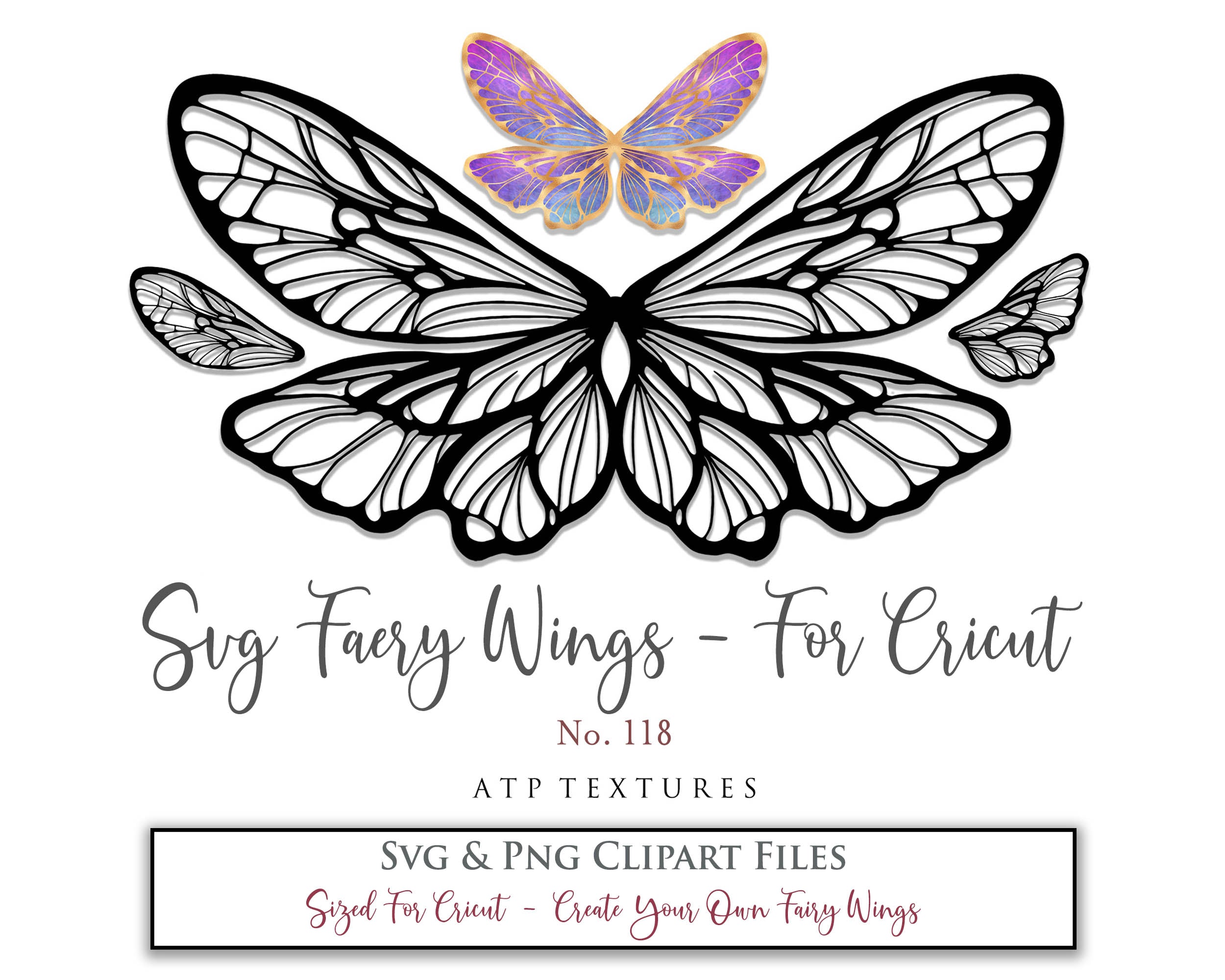 SVG & PNG Fairy/Angel Wing files for Cricut, Silhouette Cameo and other Cutting Machines. Create wearable fairy wings, all sizes. Perfect for Halloween Costumes, Fantasy, Cosplay, Photography. Prints, Wedding, Engagement, Baby Shower invitations, Sublimation Printing, Clip Art and more. Cut and assemble. ATP Textures.