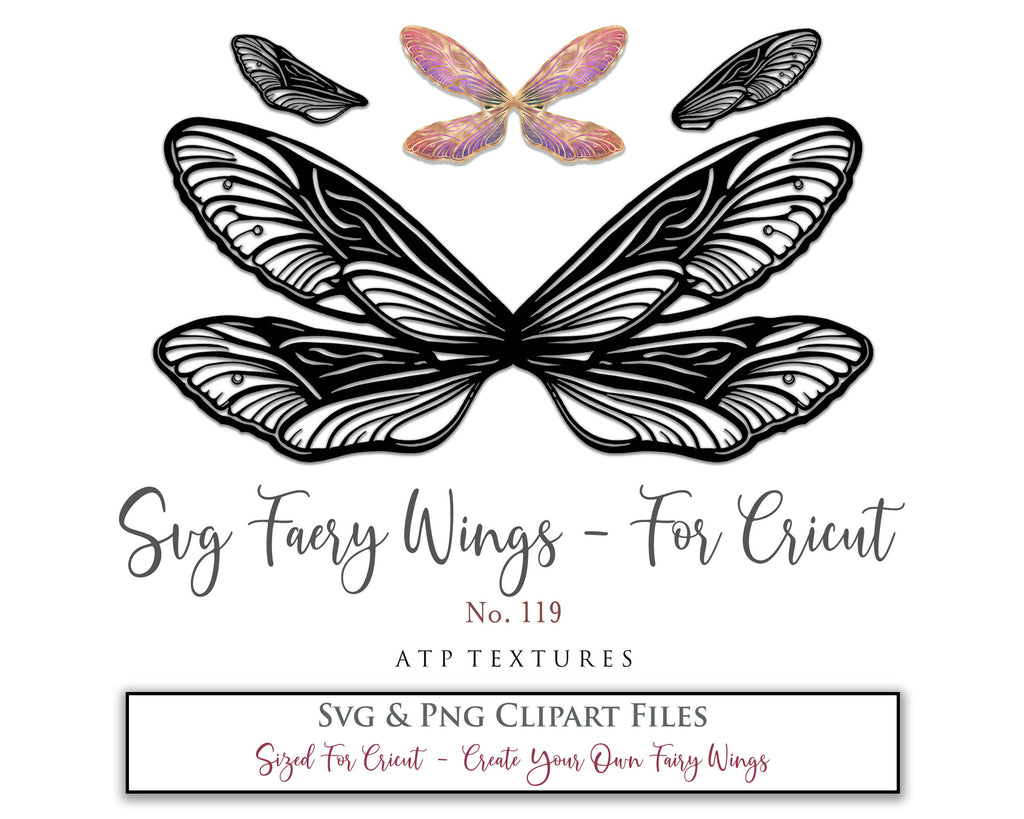 SVG & PNG Fairy/Angel Wing files for Cricut, Silhouette Cameo and other Cutting Machines. Create wearable fairy wings, all sizes. Perfect for Halloween Costumes, Fantasy, Cosplay, Photography. Prints, Wedding, Engagement, Baby Shower invitations, Sublimation Printing, Clip Art and more. Cut and assemble. ATP Textures.