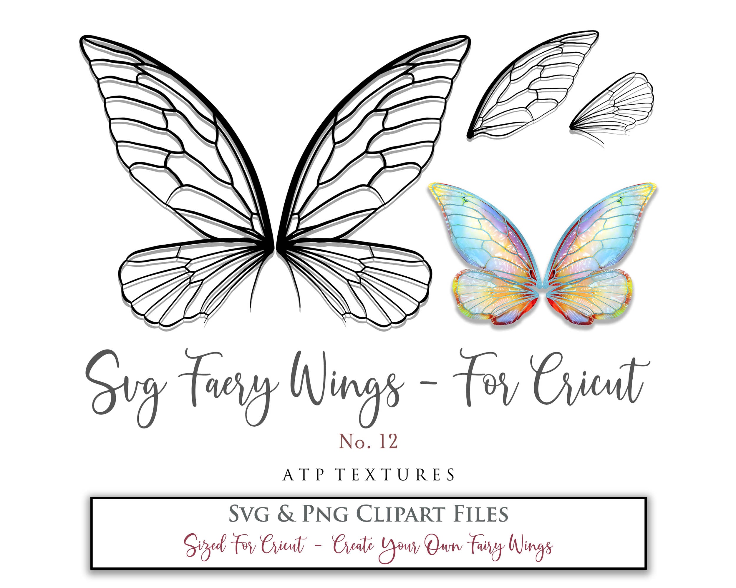 SVG & PNG Fairy/Angel Wing files for Cricut, Silhouette Cameo and other Cutting Machines. Create wearable fairy wings, all sizes. Perfect for Halloween Costumes, Fantasy, Cosplay, Photography. Prints, Wedding, Engagement, Baby Shower invitations, Sublimation Printing, Clip Art and more. Cut and assemble. ATP Textures.