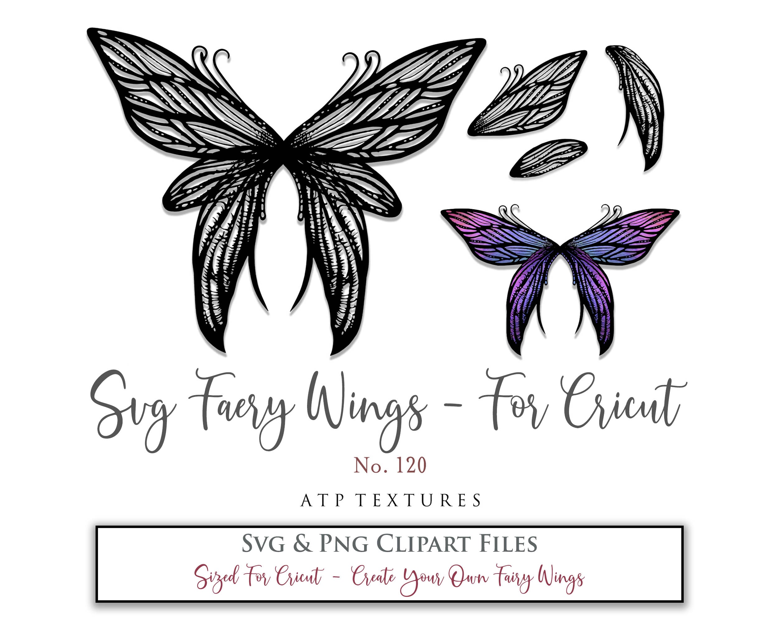 SVG & PNG Fairy/Angel Wing files for Cricut, Silhouette Cameo and other Cutting Machines. Create wearable fairy wings, all sizes. Perfect for Halloween Costumes, Fantasy, Cosplay, Photography. Prints, Wedding, Engagement, Baby Shower invitations, Sublimation Printing, Clip Art and more. Cut and assemble. ATP Textures.