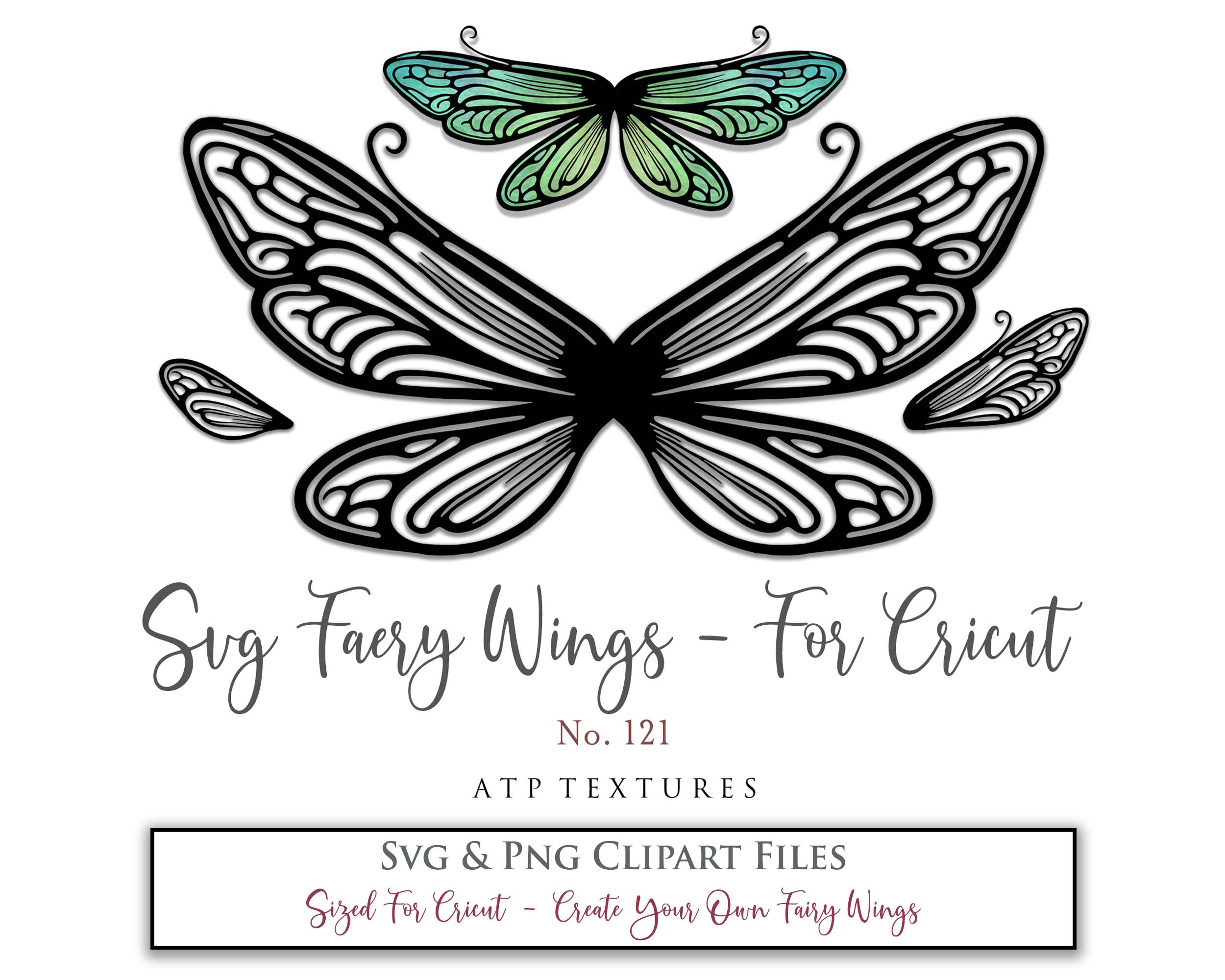 SVG & PNG Fairy/Angel Wing files for Cricut, Silhouette Cameo and other Cutting Machines. Create wearable fairy wings, all sizes. Perfect for Halloween Costumes, Fantasy, Cosplay, Photography. Prints, Wedding, Engagement, Baby Shower invitations, Sublimation Printing, Clip Art and more. Cut and assemble. ATP Textures.