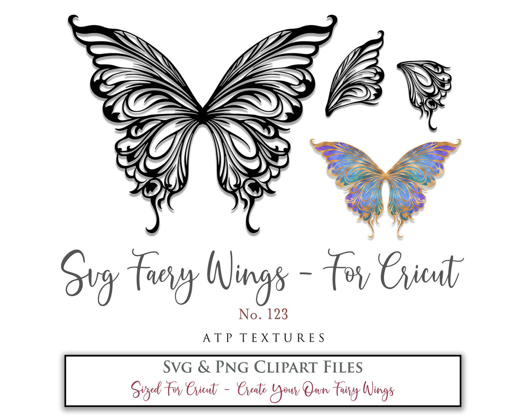 SVG & PNG Fairy/Angel Wing files for Cricut, Silhouette Cameo and other Cutting Machines. Create wearable fairy wings, all sizes. Perfect for Halloween Costumes, Fantasy, Cosplay, Photography. Prints, Wedding, Engagement, Baby Shower invitations, Sublimation Printing, Clip Art and more. Cut and assemble. ATP Textures.