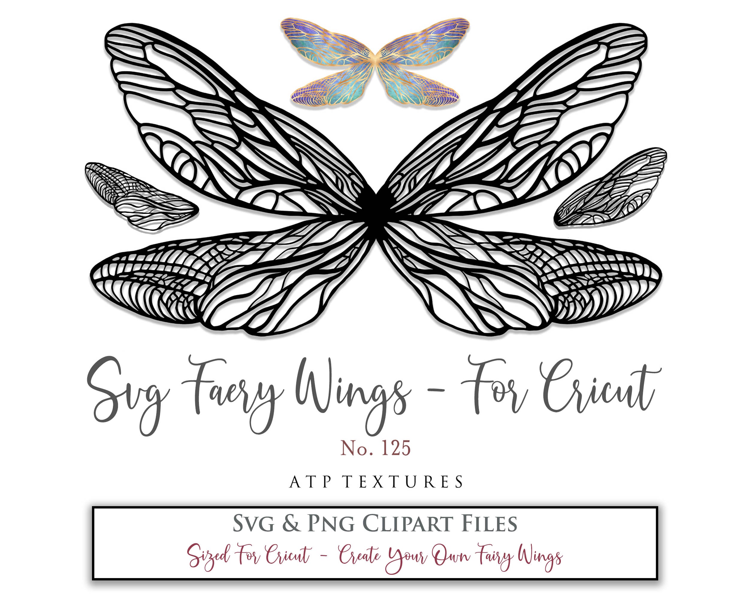 SVG & PNG Fairy/Angel Wing files for Cricut, Silhouette Cameo and other Cutting Machines. Create wearable fairy wings, all sizes. Perfect for Halloween Costumes, Fantasy, Cosplay, Photography. Prints, Wedding, Engagement, Baby Shower invitations, Sublimation Printing, Clip Art and more. Cut and assemble. ATP Textures.