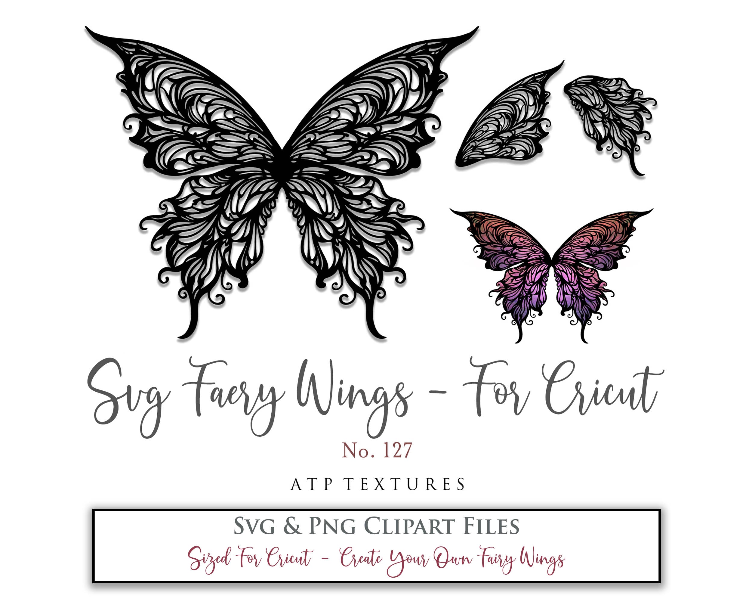 SVG & PNG Fairy/Angel Wing files for Cricut, Silhouette Cameo and other Cutting Machines. Create wearable fairy wings, all sizes. Perfect for Halloween Costumes, Fantasy, Cosplay, Photography. Prints, Wedding, Engagement, Baby Shower invitations, Sublimation Printing, Clip Art and more. Cut and assemble. ATP Textures.