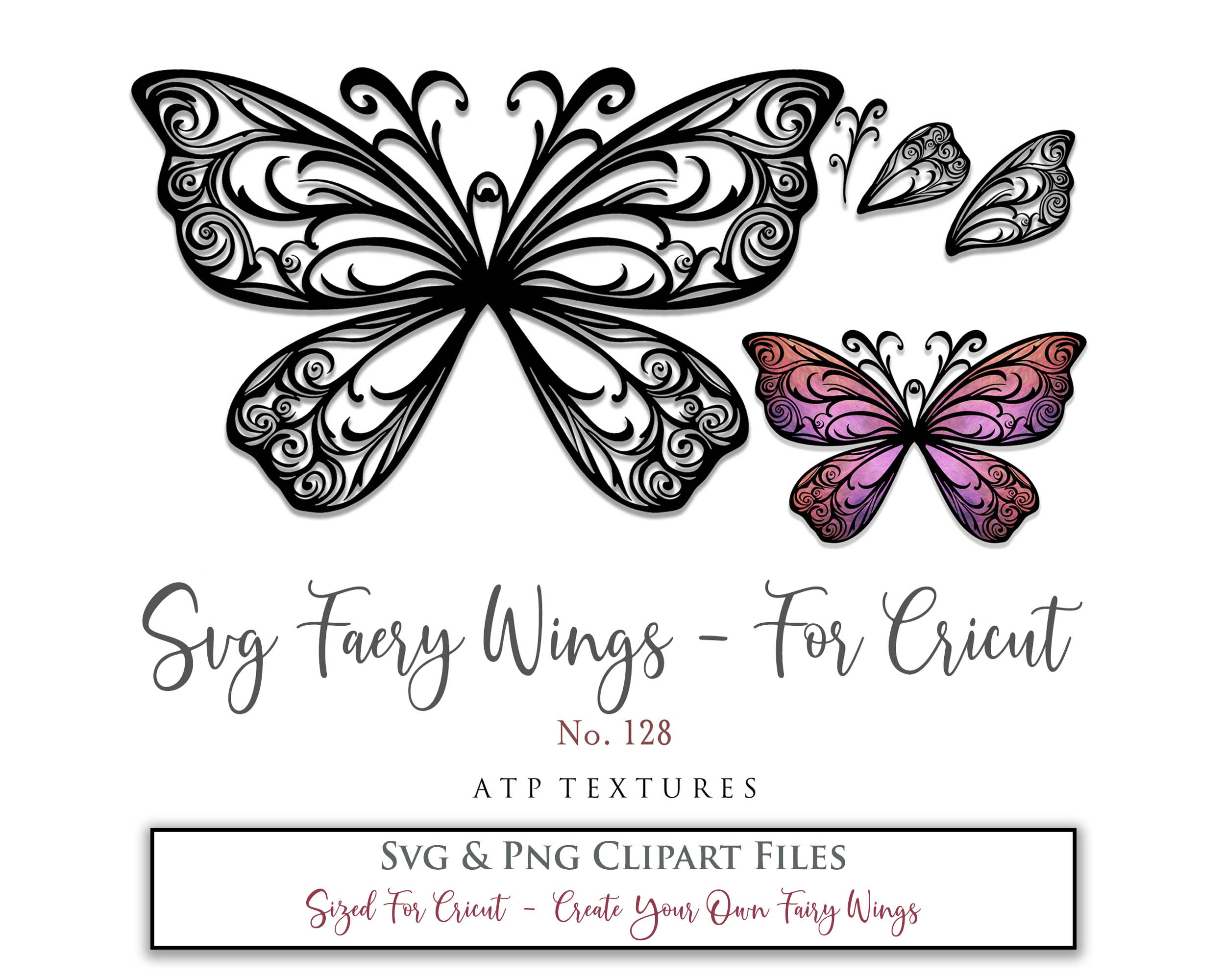 SVG & PNG Fairy/Angel Wing files for Cricut, Silhouette Cameo and other Cutting Machines. Create wearable fairy wings, all sizes. Perfect for Halloween Costumes, Fantasy, Cosplay, Photography. Prints, Wedding, Engagement, Baby Shower invitations, Sublimation Printing, Clip Art and more. Cut and assemble. ATP Textures.